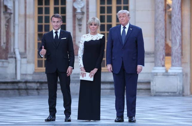 French President Emmanuel Macron and his wife, Brigitte, welcome US President Donald Trump to Versailles, outside Paris, France, on Wednesday, June 17, 2026. Trump was invited at the palace for dinner in the follow-up of the G7 summit in Evian. PAR202406082118 MAYAxVIDON-WHITE