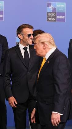 French President Emmanuel Macron and US President Donald Trump arrive for the official photo during a head of states and government summit of the NATO (North Atlantic Treaty Organization) military alliance, Wednesday 08 July 2026, in Ankara, Turkey. BENOITxDOPPAGNE 180707694