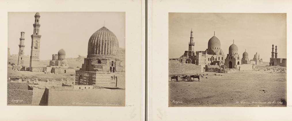 RECORD DATE NOT STATED Tombs of the Caliphs in Cairo, Caire, tombeaux des Califes, photograph, Part of Travel Album with 80 Photos of Egypt., negative number: 59 , photographer: Maison Bonfils, Cairo (city), c. 1870 - c. 1898, Ottoman Empire, North Africa, pasteboard, paper, albumen print, height 222 mm x width 280 mm, grave, tomb., A sepia-toned diptych photograph showing an expansive desert scene with multiple domed stone structures and tall slender minarets rising from ruinous walls and low buildings; the left panel features a large ribbed dome on a weathered base in the foreground, smaller domes and two ornate minarets behind it, and scattered low stone walls and rubble across the sandy ground, while the right panel shows a row of domed mausoleums with patte Copyright Penta Springs LCK260621_098371
