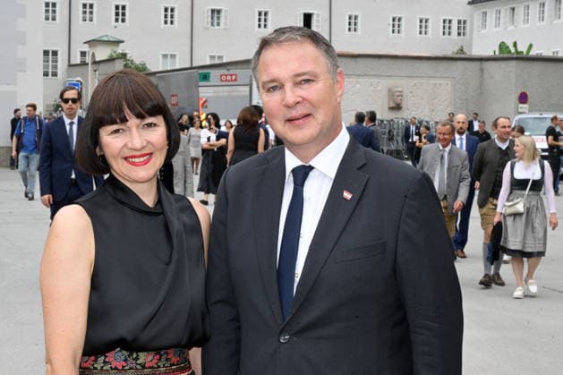 Opening of the 2026 Salzburg Festival, photographed on July 26, 2026. The photo shows Stocker, Vice-Chancellor of the Republic of Austria and Federal Minister for Housing, Art, Culture, Media, and Sports in the Federal Government, Andreas Babler, with his wife, Karin Blum, a graphic designer and illustrator with the national organization of t