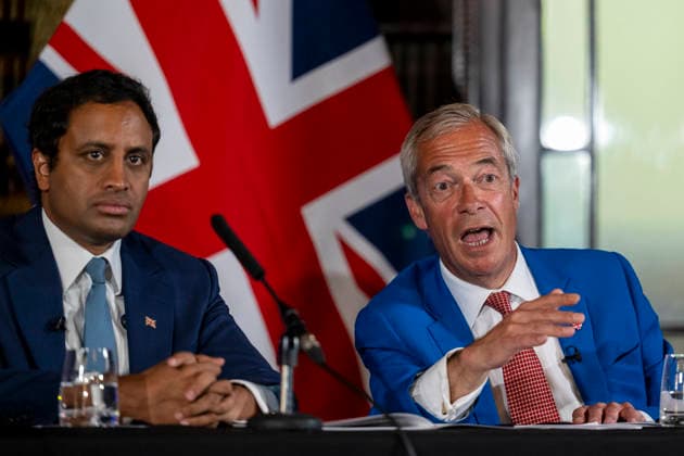 August 3, 2026, London, London, UK: LONDON, UK. (R) Nigel Farage, Leader of Reform UK, and Zia Yusuf, Spokesperson for Home Affairs of Reform UK, at a press conference in Westminster unveiling ‘Operation Fortress - Stopping the Invasion of Britainâ€⠢, the partyâ€⠢s plan to stop illegal migrants crossing English Channel in small boats by using the Royal Navy and Royal Marines. London UK - ZUMAl94_ 20260803_zaf_l94_072 Copyright: xStephenxChungx