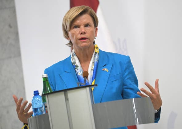 Minister of Foreign Affairs of the Republic of Latvia Baiba Braze, who is in Kyiv on a two-day visit, attends a joint news conference with Acting Minister of Foreign Affairs of Ukraine Andrii Sybiha following their negotiations, Kyiv, Ukraine, August 5, 2026. During the meeting, the sides discussed military support, Ukraine’s European integration, the expansion of logistical routes, and holding the Russian Federation accountable for war crimes. (Photo by Yevhen Kotenko Ukrinform) News conference of Ukrainian, Latvian FMs in Kyiv Copyright: xYevhenxKotenkox