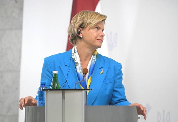 Minister of Foreign Affairs of the Republic of Latvia Baiba Braze, who is in Kyiv on a two-day visit, attends a joint news conference with Acting Minister of Foreign Affairs of Ukraine Andrii Sybiha following their negotiations, Kyiv, Ukraine, August 5, 2026. During the meeting, the sides discussed military support, Ukraine’s European integration, the expansion of logistical routes, and holding the Russian Federation accountable for war crimes. (Photo by Yevhen Kotenko Ukrinform) News conference of Ukrainian, Latvian FMs in Kyiv Copyright: xYevhenxKotenkox