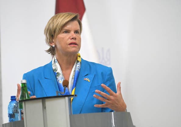 Minister of Foreign Affairs of the Republic of Latvia Baiba Braze, who is in Kyiv on a two-day visit, attends a joint news conference with Acting Minister of Foreign Affairs of Ukraine Andrii Sybiha following their negotiations, Kyiv, Ukraine, August 5, 2026. During the meeting, the sides discussed military support, Ukraine’s European integration, the expansion of logistical routes, and holding the Russian Federation accountable for war crimes. (Photo by Yevhen Kotenko Ukrinform) News conference of Ukrainian, Latvian FMs in Kyiv Copyright: xYevhenxKotenkox