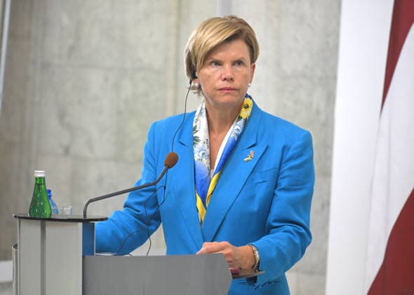 Minister of Foreign Affairs of the Republic of Latvia Baiba Braze, who is in Kyiv on a two-day visit, attends a joint news conference with Acting Minister of Foreign Affairs of Ukraine Andrii Sybiha following their negotiations, Kyiv, Ukraine, August 5, 2026. During the meeting, the sides discussed military support, Ukraine’s European integration, the expansion of logistical routes, and holding the Russian Federation accountable for war crimes. (Photo by Yevhen Kotenko Ukrinform) News conference of Ukrainian, Latvian FMs in Kyiv Copyright: xYevhenxKotenkox