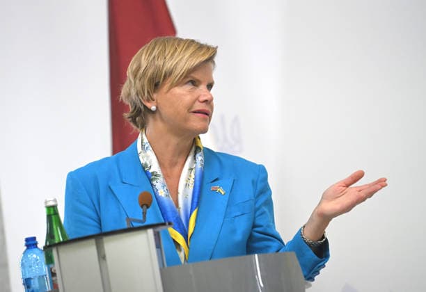 Minister of Foreign Affairs of the Republic of Latvia Baiba Braze, who is in Kyiv on a two-day visit, attends a joint news conference with Acting Minister of Foreign Affairs of Ukraine Andrii Sybiha following their negotiations, Kyiv, Ukraine, August 5, 2026. During the meeting, the sides discussed military support, Ukraine’s European integration, the expansion of logistical routes, and holding the Russian Federation accountable for war crimes. (Photo by Yevhen Kotenko Ukrinform) News conference of Ukrainian, Latvian FMs in Kyiv Copyright: xYevhenxKotenkox