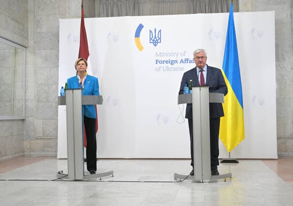 News conference of Ukrainian, Latvian FMs in Kyiv Minister of Foreign Affairs of the Republic of Latvia Baiba Braze and Acting Minister of Foreign Affairs of Ukraine Andrii Sybiha hold a joint news conference following their negotiations, Kyiv, Ukraine, August 5, 2026. During the meeting, the sides discussed military support, Ukraine™s European integration, the expansion of logistical routes, and holding the Russian Federation accountable for war crimes., Credit:Yevhen Kotenko Ukrinform Avalon Ukraine, Kyiv Copyright: xYevhenxKotenkox xUkrinformx xAvalonx 1120845266