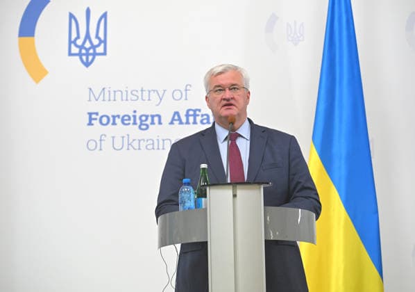News conference of Ukrainian, Latvian FMs in Kyiv Acting Minister of Foreign Affairs of Ukraine Andrii Sybiha attends a joint news conference with Minister of Foreign Affairs of the Republic of Latvia Baiba Braze following their negotiations, Kyiv, Ukraine, August 5, 2026. During the meeting, the sides discussed military support, Ukraine™s European integration, the expansion of logistical routes, and holding the Russian Federation accountable for war crimes., Credit:Yevhen Kotenko Ukrinform Avalon Ukraine, Kyiv Copyright: xYevhenxKotenkox xUkrinformx xAvalonx 1120845278