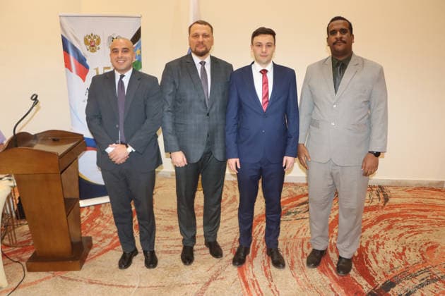 August 7, 2026, Juba, Ces Juba, South Sudan: From left , Bishoy Sadek, Political Officer at the Egyptian Embassy in Juba , Mr. Anatolii Balesnyi from the Russian Embassy in Juba , Mr. Dmitrii Gusev, Third Secretary of the Russian Embassy in Juba , and Yahya Mohammed Osman Hashim, Cultural Attachee of the Sudanese Embassy in Juba, attend an event marking 15 years of diplomatic relations between Russia and South Sudan. The event was organized by the Russian Embassy in Juba in collaboration with the Institute for Diplomatic Studies of the Ministry of Foreign Affairs and International Cooperation of South Sudan Juba South Sudan - ZUMAb132 20260807_zip_b132_010 Copyright: xSamirxBolx