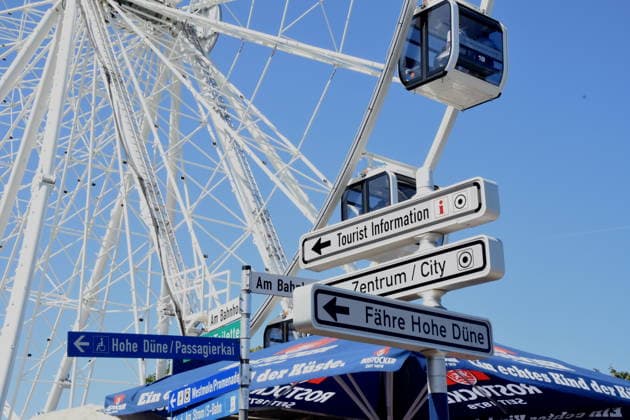 Beach Promenade, Directional Sign, Ferris Wheel, Warnemünde, Baltic Sea, August 8, 2026, Harbor 35, Hanse Sail, Gathering of Sailing Ships and Boats, Photo, Warnemünde, Baltic Sea