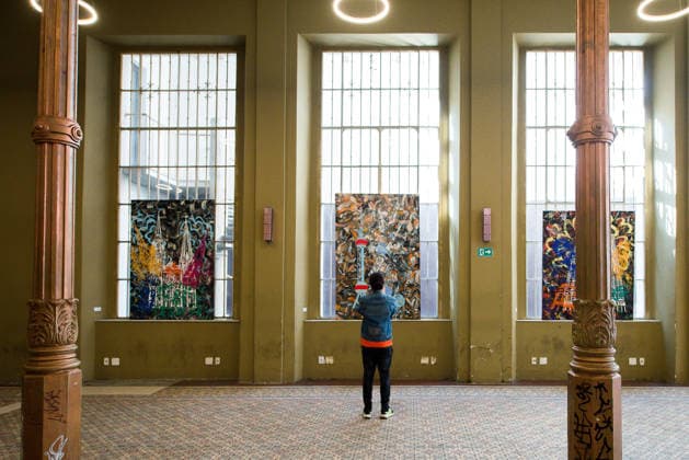 SaO PAULO, SP - 09.08.2026: A MOSTRA APOCALIPSE DE ALEX FLEMMING EM SP - The exhibition Apocalypse?, by artist Alex Flemming, was presented this Sunday (9), at Palacete da SÃ , in the Historic Center of Sao Paulo. The series of paintings stems from the artist& 39;s reflection on the terrorist attacks on the Bataclan Theatre, in Paris. The historic building, built in 1919, was designed by architect Ramos de Azevedo. In the photo, space with the works from the Apocalypse series by artist Alex Flemming. Untitled, 2015-2017. x2995908x VincentxBosson