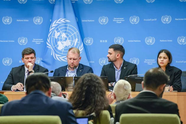 August 10, 2026, New York, New York, United States: L-R: VOLODYMYR PAVLICHENKO, Deputy Permanent Representative of Ukraine to the United Nations; OLEG GUSHCHYN, Legal Counsellor with Ukraineâ€⠢s Coordination Headquarters for the Treatment of Prisoners of War; KHUAN LEYVA GARSIYA, former Ukrainian prisoner of war and defender of Mariupolâ€⠢s Azovstal steelworks; and LENIIE UMEROVA, Ukrainian Crimean Tatar and former civilian detainee, participate in a press briefing following a closed UN Security Council Arria-formula meeting at UNHQ. The briefing highlighted testimony on the treatment of Ukrainian prisoners of war and civilian detainees held by Russia, alleged violations of international humanitarian law, and ongoing efforts to pu - ZUMAo116 20260810_znp_o116_043 Copyright: xBiancaxOterox
