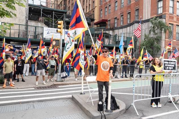 August 10, 2026, New York, New York, USA: Activists continue protesting against treatment by Chinese authorities of Tibetan people by suppressing freedom of religion, language, culture and prosecuting those who dear to speak out. Protest is going on across of UN Headquarters in New York, NY as seen on August 10, 2026 where Lobga Rangzen aka Lobsang Palden, 52, Tibetan activist from New York died after self-immolating on July 2, 2026 and memorial for him is set. His protest came one day after China s Ethnic Unity and Progress Law took effect in what Mandarin language declared as single state-defined banning Tibetan and Uyghur languages being taught in schools. New York USA - ZUMAr339 20260810_znp_r339_019 Copyright: xLevxRadinx