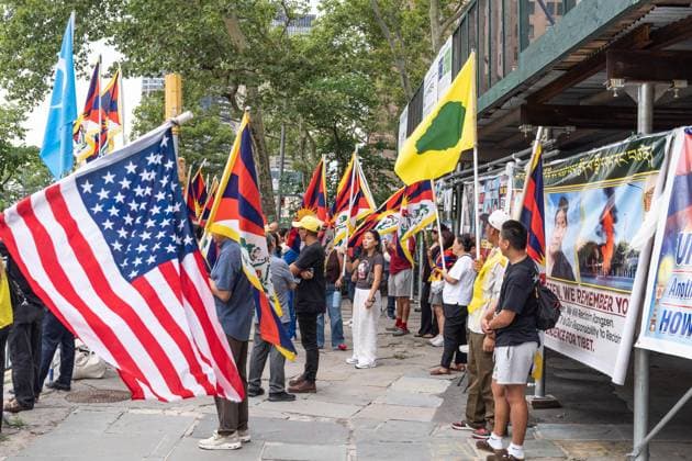 August 10, 2026, New York, New York, USA: Activists continue protesting against treatment by Chinese authorities of Tibetan people by suppressing freedom of religion, language, culture and prosecuting those who dear to speak out. Protest is going on across of UN Headquarters in New York, NY as seen on August 10, 2026 where Lobga Rangzen aka Lobsang Palden, 52, Tibetan activist from New York died after self-immolating on July 2, 2026 and memorial for him is set. His protest came one day after China s Ethnic Unity and Progress Law took effect in what Mandarin language declared as single state-defined banning Tibetan and Uyghur languages being taught in schools. New York USA - ZUMAr339 20260810_znp_r339_033 Copyright: xLevxRadinx