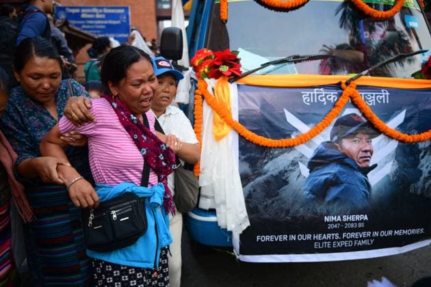 August 11, 2026, Kathmandu, Nepal: KATHMANDU, NEPAL †AUGUST 11, 2026: Relatives mourn at Tribhuvan International Airport as the remains of Nepali mountaineers Kilu Pemba Sherpa, Nima Sherpa and Gyalu Sherpa arrive in Kathmandu after being repatriated from Pakistan following the Broad Peak avalanche tragedy. The three climbers were among 10 members of an international expedition killed by an avalanche while ascending toward Camp 3 on Broad Peak, an 8,047-meter mountain in Pakistan s Karakoram Range. The tragedy also claimed the lives of renowned British-Nepali mountaineer Nirmal Nims Purja and climbers from China, Oman, the United States and Pakistan. Kathmandu Nepal - ZUMAq101 20260811_zna_q101_111 Copyright: xSafalxPrakashxShresthax