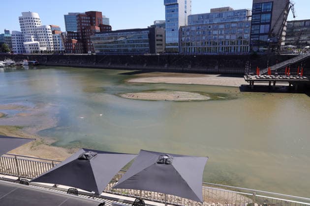 August 13, 2026, Germany, North Rhine-Westphalia, Weather, Heat, Rivers, Low Water Levels, Drought, Due to the heat, the water level of the Rhine in Düsseldorf s Medienhafen has dropped significantly; Rhine Tower, Gehry Building, Germany Copyright: xD.xKerlekin SnowfieldxPhotographyx SF130826HafenD3