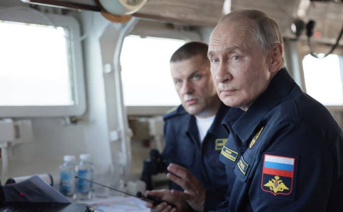 August 13, 2026, Korsakov, Sakhalin Oblast, Russia: Russian President Vladimir Putin, right, alongside Pacific Fleet Commander-in-Chief Admiral Viktor Liina, left, observe the Pacific Fleet naval exercises from the bridge of the Russian Navy Slava-class missile cruiser RF Varyag, August 12, 2026 off the coast of Sakhalin Island, Russia. Korsakov Russia - ZUMAp138 20260813_zaa_p138_004 Copyright: xGavriilxGrigorov RussianxGovernmx
