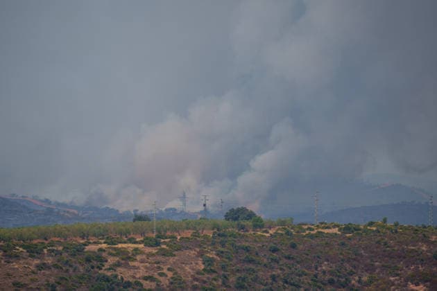 Aznalcóllar Watches with Fear as the Niebla Fire Spreads Images of the Niebla fire spreading in the municipality of Aznalcóllar August 14, 2026, in Aznalcóllar, Seville, Andalusia, Spain The Niebla fire in Huelva, which has been burning since August 6 and has affected more than 31,000 hectares, has entered the municipality of Aznalcóllar, Seville, via the Charcofrío area. This Friday, the situation worsened in the area; the fire crossed the road toward El Álamo and reached El Campillo and Madronalejo. August 14, 2026. Francisco J. Aznalcollar, Seville, Andalusia; Aznalcóllar, Seville, Andalusia, Spain Copyright: xFranciscoxJ.xOlmox 7714161