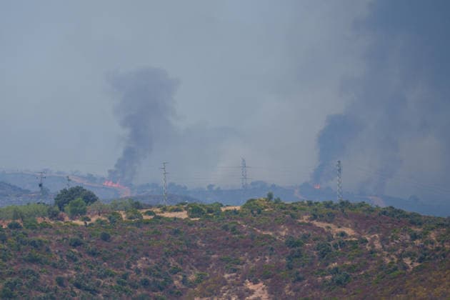Aznalcóllar Watches with Fear as the Niebla Fire Spreads Images of the Niebla fire spreading in the municipality of Aznalcóllar August 14, 2026, in Aznalcóllar, Seville, Andalusia, Spain The Niebla fire in Huelva, which has been burning since August 6 and has affected more than 31,000 hectares, has entered the municipality of Aznalcóllar, Seville, via the Charcofrío area. This Friday, the situation worsened in the area; the fire crossed the road toward El Álamo and reached El Campillo and Madronalejo. August 14, 2026. Francisco J. Aznalcollar, Seville, Andalusia; Aznalcóllar, Seville, Andalusia, Spain Copyright: xFranciscoxJ.xOlmox 7714166
