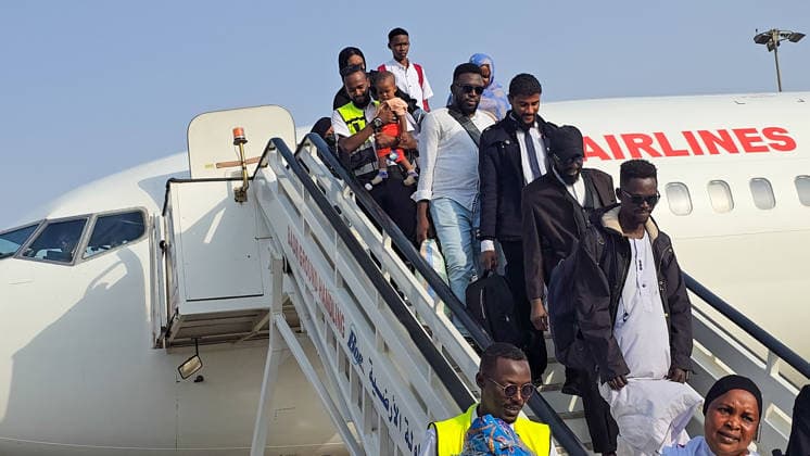 150 Sudanese return home from Kampala under voluntary return program KHARTOUM, SUDAN - AUGUST 16: Sudanese citizens disembark from a plane carrying 150 people from Kampala, Uganda, under a voluntary return program to Khartoum, Sudan, on August 16, 2026, as residents continue returning to the capital after the Sudanese army regained full control of the city on May 21, 2025, amid the ongoing economic and humanitarian crisis caused by the conflict that began between the army and the Rapid Support Forces (RSF) on April 15, 2023. Nezar Abdallah Basheer Anadolu Khartoum Sudan. Editorial use only. Please get in touch for any other usage. Copyright: x2026xAnadoluxNezarxAbdallahxBasheerx