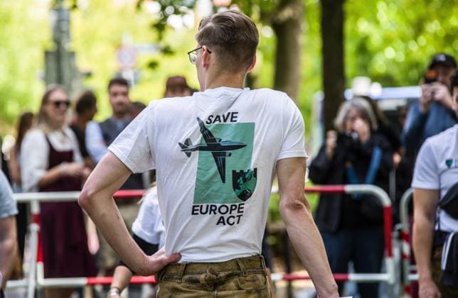 September 20, 2026, Munich, Bavaria, Germany: Coinciding with Oktoberfest, a group of right-extremists from the Identitaere Bewegung held a rally under the Banner of the Save Europe Act which includes, according to them, guidelines for the so-called Remigration. Some members discussed Remigration to include non-native born Germans, as they feel they can never be German, even if they hit all integration points. Critics in Germany see it as eyebrow-raising that the Identitaere leader, Martin Sellner, is an Austrian that is essentially making German policy and can play a greater role in government should the AfD take power. Munich Germany - ZUMAb160 20260920_abp_b160_012 Copyright: xSachellexBabbarx