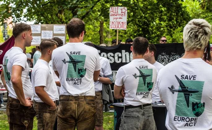 September 20, 2026, Munich, Bavaria, Germany: Coinciding with Oktoberfest, a group of right-extremists from the Identitaere Bewegung held a rally under the Banner of the Save Europe Act which includes, according to them, guidelines for the so-called Remigration. Some members discussed Remigration to include non-native born Germans, as they feel they can never be German, even if they hit all integration points. Critics in Germany see it as eyebrow-raising that the Identitaere leader, Martin Sellner, is an Austrian that is essentially making German policy and can play a greater role in government should the AfD take power. Munich Germany - ZUMAb160 20260920_abp_b160_005 Copyright: xSachellexBabbarx