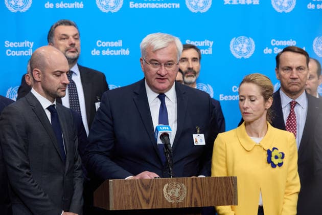 September 23, 2026, New York, New York, USA: Andrii Sybiha, Minister for Foreign Affairs of Ukraine, speaks during a joint press encounter on Ukraine, flanked by Kaja Kallas, High Representative of the European Union for Foreign Affairs and Security Policy, at right, and Jean-Noel Barrot, Minister for Europe and Foreign Affairs of France, at left, at United Nations headquarters in New York City. New York USA - ZUMAs237 20260923_aap_s237_006 Copyright: xMarkxJ.xSullivanx