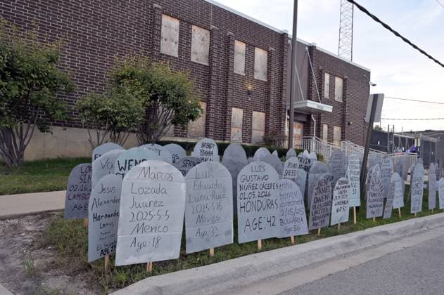 Symbolic tombstones line Broadview detention center lawn for immigrant rights vigil in Illinois BROADVIEW, ILLINOIS, UNITED STATES - SEPTEMBER 26: Symbolic tombstones displaying the names, ages, countries of origin, and dates of death of immigrants who died in U.S. immigration custody line the lawn outside the Broadview Detention Center at 1930 Beach St on September 26, 2026, in Broadview, Illinois, United States. Activists gathered for a Candlelight Vigil for Human Rights marking the one-year anniversary of community mobilization against the ICE Midway Blitz operation in the Chicago area, advocating for dignity and justice for immigrants. Jacek Boczarski Anadolu Illinois United States. Editorial use only. Please get in touch for any Copyright: x2026xAnadoluxJacekxBoczarskix