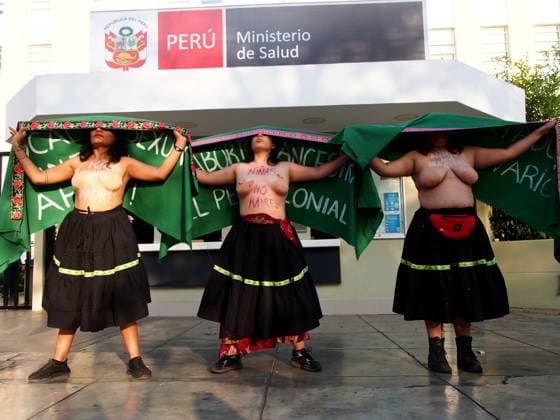 September 26, 2026, Lima, Lima, Peru: (EDITORS NOTE: Image contains nudity) Bare-chested women with the slogan Girls, not mothers written on their torsos protest in front of the Ministry of Health when on International Safe Abortion Day hundreds of women, wearing green scarf, carry out a demonstration demanding legal, safe, and free abortion in Peru, as part of the comprehensive health of girls, adolescents, women, and anyone with the possibility of gestating. Abortion in Peru, a conservative country, is illegal and punishable Lima Peru - ZUMAg240 20260926_zip_g240_024 Copyright: xCarlosxGarciaxGranthonx