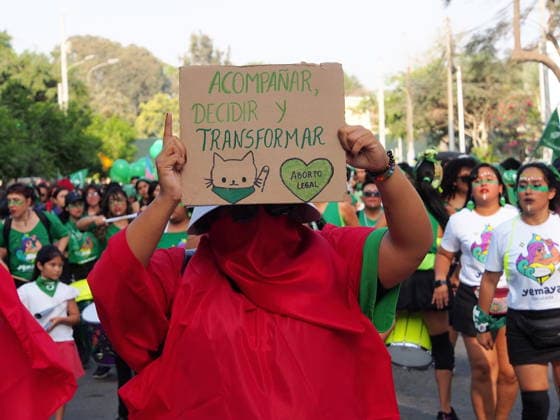 September 26, 2026, Lima, Lima, Peru: accompany, decide, and transform can be read on a piece of cardboard when on International Safe Abortion Day hundreds of women, wearing green scarf, carry out a demonstration demanding legal, safe, and free abortion in Peru, as part of the comprehensive health of girls, adolescents, women, and anyone with the possibility of gestating. Abortion in Peru, a conservative country, is illegal and punishable Lima Peru - ZUMAg240 20260926_zip_g240_011 Copyright: xCarlosxGarciaxGranthonx