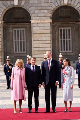 29-09-2026 Madrid Queen Letizia and King Felipe with Emmanuel Macron and Brigitte Macron during the official welcome at the royal palace in Madrid on the 1st day of the 2 day statevisit to Spain. No Spain  Copyright: xPPEx
