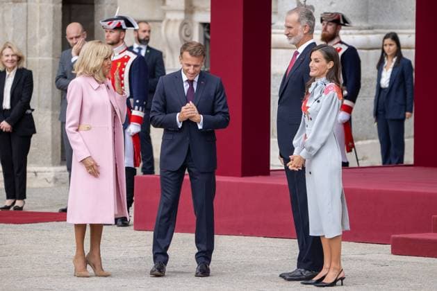 September 29, 2026, Madrid, Spain: From left to right: First Lady Brigitte Macron, President of the French Republic Emmanuel Macron, King Felipe VI, and Queen Letizia during the official reception with military honors for the President of the French Republic, Emmanuel Macron, and First Lady Brigitte Macron at the Royal Palace of Madrid. Madrid Spain - ZUMAs197 20260929_aaa_s197_231 Copyright: xDavidxCanalesx