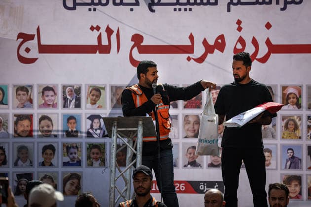 Palestinians Hold Mass Funeral for 105 Recovered from Gaza Rubble Palestinians take part in a mass funeral for 105 Palestinians whose remains were recovered from beneath the rubble of destroyed buildings in the al-Taj area of Gaza City’s al-Yarmouk neighborhood on October 1, 2026. The victims, including women and children, were killed in Israeli airstrikes during the early stages of the war, with families gathering for their funeral and burial after their remains had been trapped under the rubble for years. Photo by Bilal Osama apaimages Gaza city Gaza Strip Palestinian Territory 011026_Gaza_BO_00(8) Copyright: xapaimagesxBilalxOsamax xapaimagesx