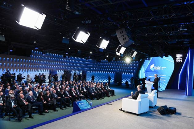 RUSSIA, MOSCOW REGION - OCTOBER 1, 2026: Russia s President Vladimir Putin (R back standing) speaks during a plenary session titled Responsibility for the Future: Limits of the Possible or Possibilities Without Limit? at the 23th annual meeting of the Valdai Discussion Club in Istra Russia - ZUMAt113 20261001_zaa_t113_398 Copyright: xAlexanderxKazakovx