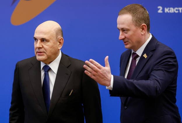 BELARUS, MINSK - OCTOBER 2, 2026: Alexander Turchin (R), Prime Minister of Belarus, greets his counterpart Mikhail Mishustin of Russia during a photo op for participants in a meeting of the Eurasian Intergovernmental Council Minsk Belarus - ZUMAt113 20261002_zaa_t113_031 Copyright: xDmitryxAstakhovx