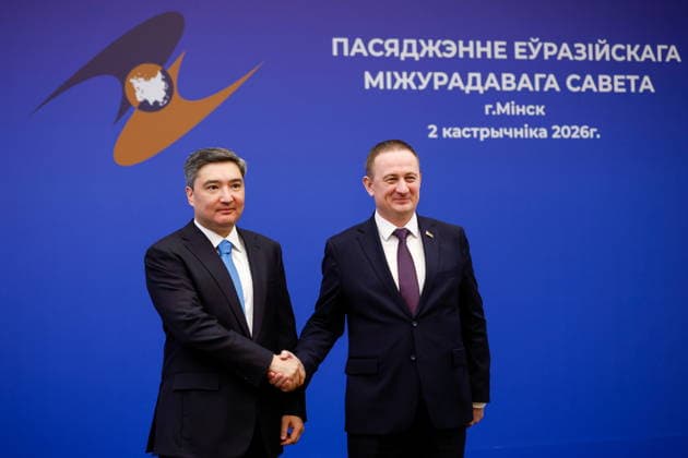BELARUS, MINSK - OCTOBER 2, 2026: Alexander Turchin (R), Prime Minister of Belarus, greets his counterpart Olzhas Bektenov of Kazakhstan during a photo op for participants in a meeting of the Eurasian Intergovernmental Council Minsk Belarus - ZUMAt113 20261002_zaa_t113_033 Copyright: xDmitryxAstakhovx