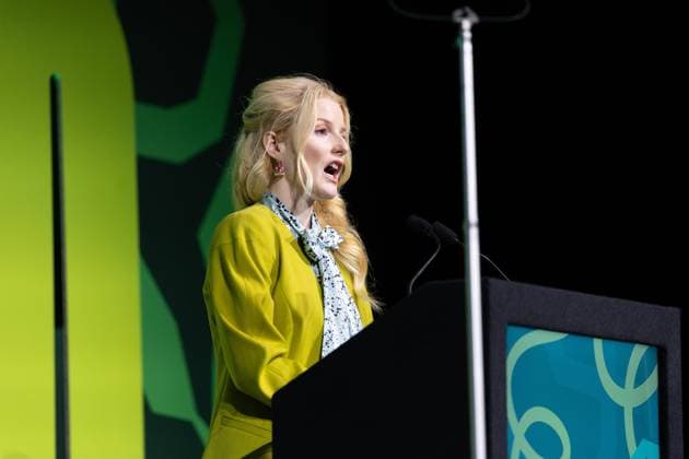 October 2, 2026, Brighton, United Kingdom: Green Party MP for Gorton and Denton, Hannah Spencer speaks to party members on day one at the Green Party Conference in Brighton.The Green Party hold their annual Party Conference in Brighton Brighton United Kingdom - ZUMAs197 20261002_aaa_s197_168 Copyright: xPhilxLewisx
