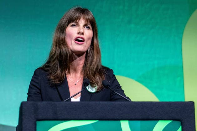 October 3, 2026, Brighton, United Kingdom: Green Party Deputy Leader, Rachel Millward seen addressing the Brighton Centre during the Green Party Autumn Conference. Millward used her address on the main stage to highlight the party s surge in membership, while outlining alternative policies on public services, energy infrastructure, and green housing solutions. Brighton United Kingdom - ZUMAs197 20261003_aaa_s197_013 Copyright: xGaryxRobertsx