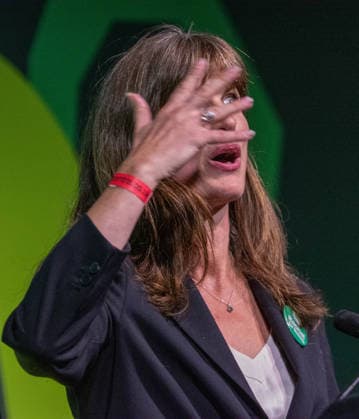 October 3, 2026, Brighton, United Kingdom: Green Party Deputy Leader, Rachel Millward seen addressing the Brighton Centre during the Green Party Autumn Conference. Millward used her address on the main stage to highlight the party s surge in membership, while outlining alternative policies on public services, energy infrastructure, and green housing solutions. Brighton United Kingdom - ZUMAs197 20261003_aaa_s197_014 Copyright: xGaryxRobertsx