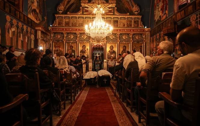 Funeral ceremony for two Palestinian Christians after an Israeli attack in Gaza GAZA CITY, PALESTINE - OCTOBER 03 : Poeple gather during the funeral ceremony for two Palestinian Christian women at the St. Porphyrios Greek Orthodox Church in Gaza City, Palestine on October 03, 2026. Meysa Hidir Ibrahim Abu Dawud and her daughter Marya Hafiz Michel Najjar were killed after an Israeli airstrike. Ali Jadallah Anadolu Gaza City Gaza. Editorial use only. Please get in touch for any other usage. Copyright: x2026xAnadoluxAlixJadallahx