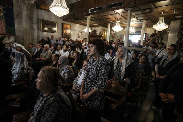 Funeral ceremony for two Palestinian Christians after an Israeli attack in Gaza GAZA CITY, PALESTINE - OCTOBER 03 : Poeple gather during the funeral ceremony for two Palestinian Christian women at the St. Porphyrios Greek Orthodox Church in Gaza City, Palestine on October 03, 2026. Meysa Hidir Ibrahim Abu Dawud and her daughter Marya Hafiz Michel Najjar were killed after an Israeli airstrike. Ali Jadallah Anadolu Gaza City Gaza. Editorial use only. Please get in touch for any other usage. Copyright: x2026xAnadoluxAlixJadallahx