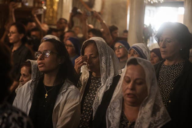 Funeral ceremony for two Palestinian Christians after an Israeli attack in Gaza GAZA CITY, PALESTINE - OCTOBER 03 : Poeple gather during the funeral ceremony for two Palestinian Christian women at the St. Porphyrios Greek Orthodox Church in Gaza City, Palestine on October 03, 2026. Meysa Hidir Ibrahim Abu Dawud and her daughter Marya Hafiz Michel Najjar were killed after an Israeli airstrike. Ali Jadallah Anadolu Gaza City Gaza. Editorial use only. Please get in touch for any other usage. Copyright: x2026xAnadoluxAlixJadallahx