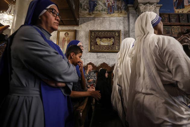 Funeral ceremony for two Palestinian Christians after an Israeli attack in Gaza GAZA CITY, PALESTINE - OCTOBER 03 : Poeple gather during the funeral ceremony for two Palestinian Christian women at the St. Porphyrios Greek Orthodox Church in Gaza City, Palestine on October 03, 2026. Meysa Hidir Ibrahim Abu Dawud and her daughter Marya Hafiz Michel Najjar were killed after an Israeli airstrike. Ali Jadallah Anadolu Gaza City Gaza. Editorial use only. Please get in touch for any other usage. Copyright: x2026xAnadoluxAlixJadallahx
