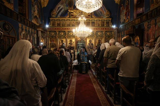 Funeral ceremony for two Palestinian Christians after an Israeli attack in Gaza GAZA CITY, PALESTINE - OCTOBER 03 : Poeple gather during the funeral ceremony for two Palestinian Christian women at the St. Porphyrios Greek Orthodox Church in Gaza City, Palestine on October 03, 2026. Meysa Hidir Ibrahim Abu Dawud and her daughter Marya Hafiz Michel Najjar were killed after an Israeli airstrike. Ali Jadallah Anadolu Gaza City Gaza. Editorial use only. Please get in touch for any other usage. Copyright: x2026xAnadoluxAlixJadallahx