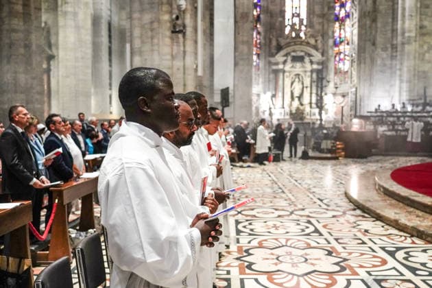 IPA89253282 - MILAN, October 3, 2026 - Ordination ceremony for temporary deacons held in Milan Cathedral by Archbishop Mario Delpini. Copyright: xEmanuelexRobertoxDexCarlix xx IPA89253282