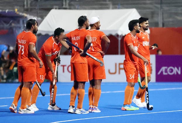 India s Men s Hockey Team Wins Gold Medal at the Asian Games 2026 Kakamigahara Japan , Oct 03 (ANI): Indian Men s Hockey team wins the Gold medal by defeating Malaysia 5-1 in the final at the 2026 Asian Games in Aichi-Nagoya, in Kakamigahara on Saturday. Kakamigahara New Delhi Japan Copyright: xANIx ANI_20261003319