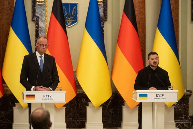 Ukraine Volodymyr Zelenskyi - German Chancellor Friedrich Merz meeting in Kyiv KYIV, UKRAINE - OCTOBER 04: Chancellor of Germany Friedrich Merz (L) and President of Ukraine Volodymyr Zelenskyi (R) attend a joint press conference after their a meeting with in Kyiv on October 4 2026. Danylo Antoniuk Anadolu Kyiv Ukraine. Editorial use only. Please get in touch for any other usage. Copyright: x2026xAnadoluxDanyloxAntoniukx
