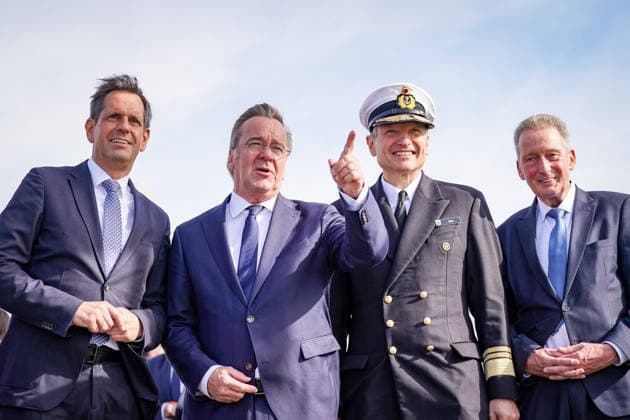Germany, Emden: Lower Saxony’s Minister-President Olaf Lies, Federal Minister of Defense Boris Pistorius, Vice Admiral Wilhelm Tobias Abry, Inspector General of the Navy, and Emden’s First City Councilor Horst Jahnke (from left) at the press conference announcing the decision to locate the new naval base in Emden. Copyright: xJOERANxSTEINSIEKx