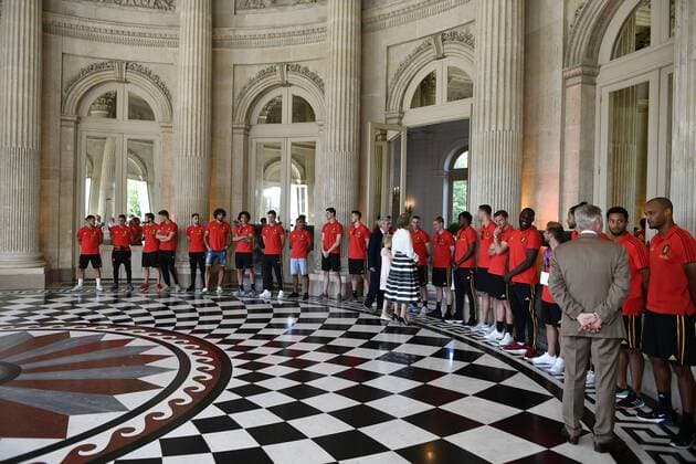 Queen Mathilde of Belgium and King Philippe - Filip of Belgium congratulate Red Devils players at the Royal castle in Laken - Laeken, as Belgian national soccer team Red Devils are received by Royal couple after the presence in the semi-final of the soccer World cup in Russia, Sunday 15 July 2018. ERICxLALMAND x05386475x