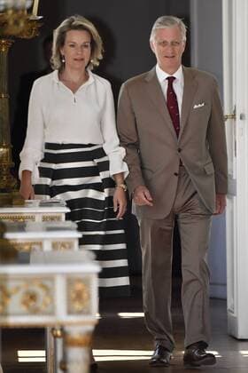 Queen Mathilde of Belgium and King Philippe - Filip of Belgium arrive at the Royal castle in Laken - Laeken, as Belgian national soccer team Red Devils are received by Royal couple after the presence in the semi-final of the soccer World cup in Russia, Sunday 15 July 2018. ERICxLALMAND x05386515x